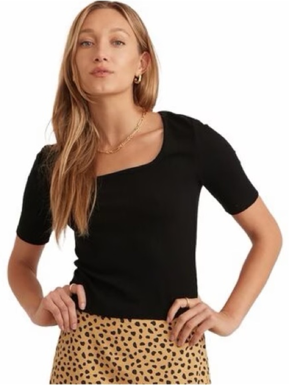 Marine Layer | Women's Lexi Black Square Neck Short Sleeve Ribbed Tee Top